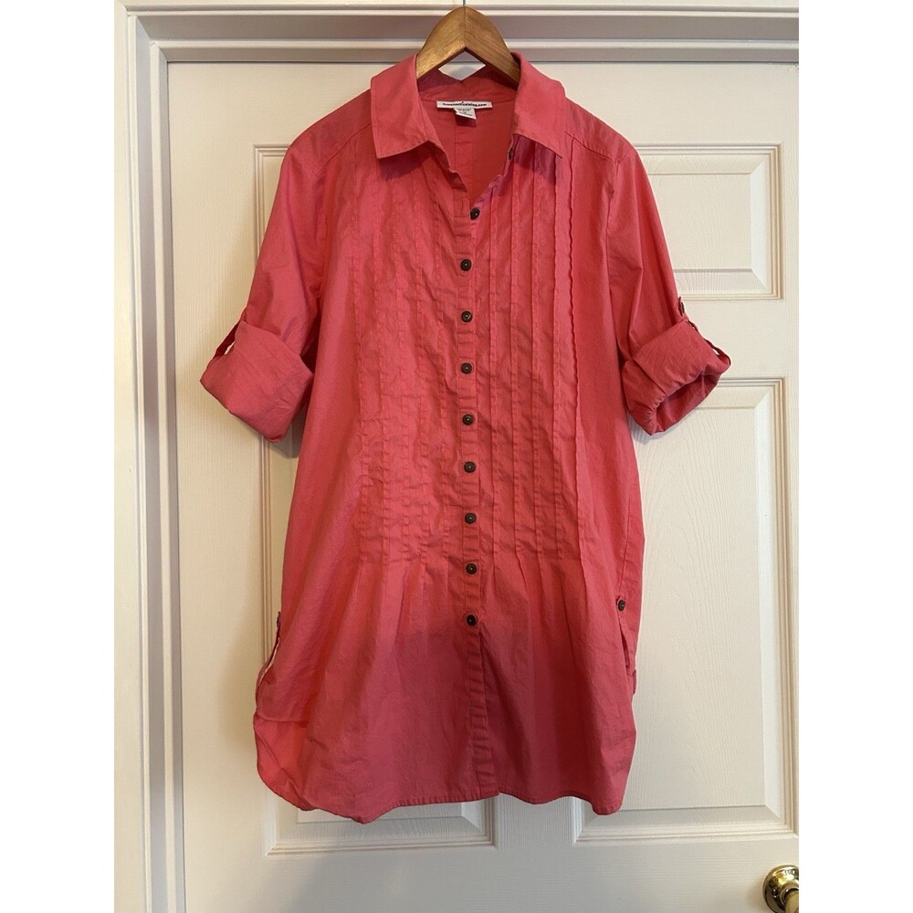 Serengeti Tunic Long Roll Sleeve Button Down Blouse Salmon Sz L